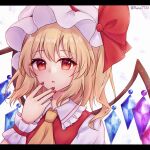 1girl absurdres ascot blonde_hair collared_shirt crystal flandre_day flandre_scarlet frilled_shirt_collar frills hat hat_ribbon highres letterboxed looking_at_viewer medium_hair mob_cap multicolored_wings nail_polish open_mouth red_eyes red_nails red_ribbon red_vest ribbon runa_(runa7733) shirt simple_background solo touhou twitter_username upper_body vest white_background white_headwear white_shirt wings yellow_ascot 