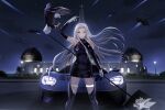  1girl absurdres aircraft airplane alternate_costume azur_lane bald_eagle bird building car dress eagle eagle_union_(emblem) elbow_gloves fighter_jet ford ford_gt gloves grey_hair grim_(azur_lane) ground_vehicle highres holding holding_sign jet kcar66t long_hair looking_at_viewer military military_vehicle motor_vehicle night product_placement race_queen sign sky sports_car star_(sky) starry_sky two-tone_gloves yorktown_(azur_lane) 
