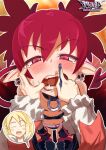  2girls blonde_hair blush bracelet brushing_another&#039;s_teeth choker disgaea earrings etna_(disgaea) fangs female_pov flat_chest flonne frilled_sleeves frills highres jewelry makai_senki_disgaea mouth_pull multiple_girls open_mouth pointy_ears pov r-e-l-o-a-d red_eyes red_hair skull_earrings smile tearing_up teeth toothbrush twintails 