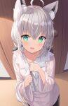  1girl :d ahoge animal_ear_fluff animal_ears bangs blush bow braid collared_shirt commentary door english_commentary fox_ears fox_girl green_eyes grey_hair hair_between_eyes highres hitsukuya hololive indoors long_hair long_sleeves looking_at_viewer open_mouth shirakami_fubuki shirt smile solo standing very_long_hair virtual_youtuber white_bow wide_sleeves 