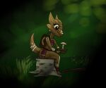  anthro backpack bodypaint brown_body brown_eyes brown_scales butt clothing detailed_background eyelashes face_paint female forest fungus holding_object kobold markings multicolored_body multicolored_scales mushroom painted_body plant red_clothing scales scalie sitting solo squablodecomplash stick tree tree_stump two_tone_body two_tone_scales white_clothing white_markings wiggles_(squablodecomplash) 