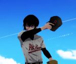  1boy ace_of_diamond baseball_cap baseball_mitt baseball_uniform black_hair black_headwear blue_sky cloud day glasses hat hat_removed headwear_removed kusa_chuu male_focus outdoors shirt short_hair sky solo sportswear standing white_shirt wiping_sweat you_shunshin 