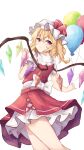  1girl absurdres back_bow balloon blonde_hair bow closed_mouth crystal feet_out_of_frame flandre_day flandre_scarlet hair_between_eyes hat highres looking_at_viewer looking_back mob_cap multicolored_wings one_side_up orchid_(orukido) petticoat puffy_short_sleeves puffy_sleeves red_eyes red_skirt red_vest ribbon shirt short_sleeves simple_background skirt smile solo standing thighs touhou vest white_background white_bow white_headwear white_shirt wings 