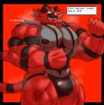  2022 abs absurd_res anthro barazoku biceps big_bulge big_muscles black_border bodily_fluids border bulge clenched_teeth clothing english_text flexing fur generation_7_pokemon glowing glowing_eyes hi_res huge_bulge huge_muscles incineroar jockstrap male muscular muscular_anthro muscular_male musk nintendo nipples pecs pokemon pokemon_(species) quads red_background robinmg_45 shirt simple_background solo standing sweat tank_top teeth text text_box thick_thighs topwear tuft underwear url vein video_games 