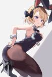  1girl :o acchii_(akina) adjusting_clothes adjusting_leotard animal_ears azur_lane black_bow black_footwear black_leotard black_pantyhose blonde_hair blue_eyes bow bowtie breasts commentary_request detached_collar dutch_angle fake_animal_ears fake_tail hair_bow high_heels highres leotard looking_at_viewer medium_breasts open_mouth pantyhose playboy_bunny rabbit_ears rabbit_tail short_hair solo squatting strapless strapless_leotard tail traditional_bowtie wrist_cuffs z23_(azur_lane) 