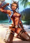  1girl absurdres ahsoka_tano alien armpits artist_name bare_shoulders belt blue_eyes blurry blurry_background breasts colored_skin facial_tattoo feet fingerless_gloves gloves groin highres kneeling logan_cure looking_at_viewer navel ocean orange_skin purple_lips sand signature solo star_wars star_wars:_the_clone_wars tattoo tentacle_hair togruta 