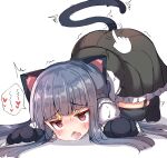  1girl absurdres all_fours animal_ears animal_hands bangs black_thighhighs blue_hair blunt_bangs blunt_ends blush cat_ears cat_paws cat_tail dark_blue_hair drooling full-face_blush garter_straps heart highres idolmaster idolmaster_cinderella_girls idolmaster_cinderella_girls_starlight_stage pov pov_hands red_eyes sajo_yukimi saliva simple_background solo spoken_heart sweatdrop tail thighhighs top-down_bottom-up trembling umberblack 