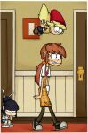  3girls apron artist_request black_hair blonde_hair braces character_request door from_side if_they_mated indoors multiple_girls non-web_source original sinkids source_request tagme the_loud_house 