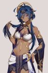  1girl bangs blue_eyes blue_hair blush breasts candace_(genshin_impact) candace_(genshin_impact)_(cosplay) cleavage cosplay dark-skinned_female dark_skin detached_sleeves egyptian_clothes eye_of_horus genderswap genderswap_(mtf) genshin_impact grey_background hair_between_eyes hair_ornament hand_on_hip heterochromia highres kaeya_(genshin_impact) long_hair looking_at_viewer medium_breasts parted_lips sabakuyoru short_hair_with_long_locks simple_background solo wide_sleeves yellow_eyes 