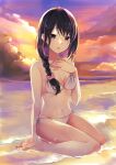  1girl absurdres beach bikini black_eyes black_hair braid breasts cleavage cloud commentary_request gradient_sky hair_over_shoulder highres horizon long_hair mole mole_on_breast ocean orange_sky original side-tie_bikini single_braid sitting sky small_breasts solo sunset swimsuit wariza white_bikini yurara_(aroma42enola) 