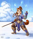  absurd_res anthro armor blizzard_entertainment blue_eyes braided_hair cloud fantasy female fighting_pose hair harmaagriffin hi_res icicle magic_user mammal pandaren pose red_hair slightly_chubby snow solo solo_focus staff stocky ursid video_games warcraft winter 