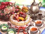  burger cake charlotte_cake cherry cup flower food food_focus fruit garnish ice_cream kiwi_slice orange_(fruit) orange_slice original pink_flower pink_rose raspberry red_flower red_ribbon red_rose ribbon rose sakurasou_(amenouwo) saucer spoon still_life strawberry table tablecloth tea tea_strainer teacup teapot tray 