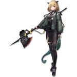  1girl arknights artist_request axe bangs black_footwear black_horns black_shirt black_skirt black_thighhighs blonde_hair bob_cut full_body green_jacket hair_ornament hairclip holding holding_polearm holding_weapon horns id_card jacket long_sleeves non-web_source official_art open_clothes open_jacket pointy_ears polearm red_eyes shirt shoelaces shoes short_hair simple_background skirt sneakers solo source_request tail thighhighs thighs vanilla_(arknights) weapon white_background 