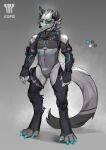  2022 absurd_res alanisawolf777 anthro armwear canid canine canis clothing colored_sketch elbow_gloves feet gloves handwear hi_res legwear male mammal model_sheet police_uniform robot_eyes simple_background sketch solo tagme toes uniform unitard 