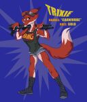  allikitti anthro athletic boots bottomwear canid canine clothing comic female footwear fox fur gun hotpants mammal muscular muscular_female orange_body orange_fur ranged_weapon shorts solo trixie weapon 