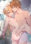  2boys absurdres aether_(genshin_impact) alternate_hairstyle anal ass bangs blonde_hair blue_eyes blush completely_nude earrings genshin_impact gumilkx hair_between_eyes hair_down heart heart-shaped_pupils height_difference highres implied_sex jewelry leg_up long_hair male_focus multiple_boys nipples nude orange_eyes orange_hair otoko_no_ko parted_lips sex showering single_earring standing standing_sex symbol-shaped_pupils tartaglia_(genshin_impact) towel towel_around_waist wet yaoi 