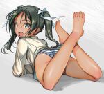  1girl ass barefoot dress_shirt fang feet feet_up francesca_lucchini from_behind green_eyes green_hair highres legs long_hair looking_at_viewer looking_back lying on_stomach panties shirt solo strike_witches striped striped_panties thighs toes twintails underwear world_witches_series yashin_(yasinz) 
