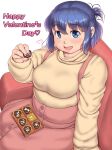  1girl arm_support bangs blue_eyes blue_hair blush breasts buttons chocolate commentary_request english_text fat_step-sister_(orizen) food heart highres holding holding_food long_sleeves looking_at_viewer medium_hair open_mouth original orizen sidelocks simple_background sitting smile solo tareme upper_body valentine white_background 