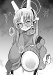  1girl animal_ears bangs blue_archive blush breasts commentary cropped_sweater fake_animal_ears glasses hair_ornament halo highres kira_boshi27 large_breasts looking_at_viewer moe_(blue_archive) monochrome nipples one_breast_out pom_pom_(clothes) pom_pom_hair_ornament rabbit_ears round_eyewear solo sweat sweater translated twintails 