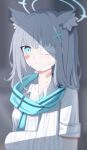  animal_ears arm_sling bandages bandaid blue_archive blue_eyes blurry blurry_background bruise bruise_on_face eyepatch grey_hair hair_ornament halo highres injury looking_at_viewer necktie scarf shiroko_(blue_archive) shirt sleeves_rolled_up vialle white_shirt 