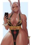  1girl :d animal_ears artist_name bangs bare_shoulders black_dress black_nails boku_no_hero_academia border bracelet breasts breasts_apart chinese_clothes chun-li chun-li_(cosplay) collarbone cosplay cowboy_shot dark-skinned_female dark_skin dress gold_trim gud0c hair_over_shoulder highres holding holding_phone jewelry large_breasts long_hair looking_at_viewer mirko muscular muscular_female nail_polish parted_bangs pelvic_curtain phone rabbit_ears rabbit_girl red_eyes smile solo spiked_bracelet spikes street_fighter teeth thick_thighs thighs veins veiny_arms very_long_hair white_border white_hair wide_hips 