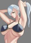  1girl absurdres armor armpits arms_up bangs bikini bikini_armor bikini_top_only breasts character_request closed_mouth collarbone commentary_request eyelashes green_eyes grey_background hair_over_one_eye highres korean_commentary large_breasts last_origin long_hair looking_down midriff narcur ponytail simple_background sweat swimsuit tying_hair underboob upper_body white_hair 