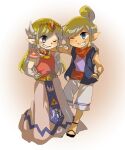  1girl artist_name belt blonde_hair blue_eyes blush dress floating_hair full_body gloves hair_bun jewelry long_hair looking_at_viewer multicolored_hair necklace parted_lips pink_dress pink_skirt princess_zelda short_hair single_hair_bun skirt tetra the_legend_of_zelda the_legend_of_zelda:_the_wind_waker tokuura toon_zelda 