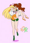  2girls bishoujo_senshi_sailor_moon blonde_hair bow brown_hair carrying carrying_person green_footwear green_skirt highres multiple_girls nekito orange_footwear orange_skirt panties pantyshot ponytail princess_carry red_bow sailor_jupiter sailor_venus skirt torn_clothes underwear yuri 