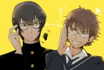  2boys ace_of_diamond black_hair brown_eyes brown_hair gakuran glasses grey_eyes hand_up heart kusa_chuu male_focus miyuki_kazuya multiple_boys necktie school_uniform yellow_background you_shunshin 