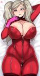  1girl absurdres areola_slip arm_behind_head artist_name bangs blonde_hair bodysuit breasts cleavage cleavage_cutout clothing_cutout collarbone curvy gloves hair_ornament hairclip highres huge_breasts jmg long_hair looking_at_viewer lying on_back open_mouth persona persona_5 pink_gloves red_bodysuit skin_tight solo sweatdrop swept_bangs takamaki_anne thick_thighs thighs twintails 
