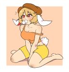  1girl animal_ears barefoot blonde_hair breasts brown_headwear cabbie_hat cleavage dango english_commentary floppy_ears food food_in_mouth hat highres large_breasts orange_shirt outside_border pc2063 rabbit_ears rabbit_tail red_eyes ringo_(touhou) shirt short_hair shorts simple_background sitting smile solo tail touhou wagashi wariza yellow_background yellow_shorts 