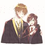  1boy 1girl :d bangs bird black_robe brown_hair closed_eyes collared_shirt crossover green_eyes grey_vest gryffindor harry_potter_(series) hogwarts_school_uniform hufflepuff kana_(ykskkn) key long_hair looking_at_viewer luke_pearce_(tears_of_themis) necktie open_mouth red_necktie robe rosa_(tears_of_themis) school_uniform shirt short_hair smile tears_of_themis vest white_background yellow_necktie 