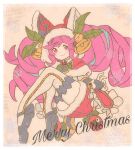  1girl aburigirafa bangs bell blue_hair christmas cleo_(dragalia_lost) dragalia_lost drill_hair fingerless_gloves floating full_body fur_trim gloves highres looking_at_viewer merry_christmas multicolored_hair pink_eyes pink_hair smile solo thighhighs twin_drills 