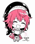  1girl animal_hat blush chibi closed_eyes full_body hair_between_eyes hat kapuchii okunoda_miyoi open_mouth pink_hair shirt short_hair short_sleeves simple_background skirt smile solo touhou watering whale_hat white_background 