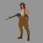  1girl ammunition_pouch assault_rifle boots brown_hair canteen fallout_(series) fallout_new_vegas gun helmet highres jumpsuit jumpsuit_around_waist long_hair looking_to_the_side m16a1 military pouch rifle solo suspenders tank_top user_durv7353 weapon 