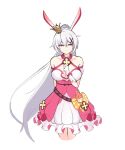  1girl absurdres animal_ears bails bangs bare_shoulders blue_eyes closed_mouth cosplay crown dress fake_animal_ears fox_ears gloves half-closed_eyes highres honkai_(series) honkai_impact_3rd kiana_kaslana long_hair looking_at_viewer off-shoulder_dress off_shoulder pink_dress ponytail short_sleeves simple_background smile solo theresa_apocalypse theresa_apocalypse_(sakura_rondo) theresa_apocalypse_(sakura_rondo)_(cosplay) white_background white_gloves white_hair 