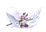  1girl absurdres bangs belt blue_eyes boots breasts bunwaka elbow_gloves floating_hair gloves granblue_fantasy hair_over_one_eye highres holding holding_sword holding_weapon horns katana large_breasts long_hair narmaya_(granblue_fantasy) purple_hair shirt single_thighhigh sleeveless sleeveless_coat sleeveless_shirt solo squatting sword thigh_belt thigh_strap thighhighs v-shaped_eyebrows very_long_hair weapon 