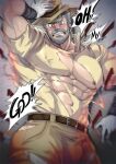  1boy abs absol_(dkqthf) against_wall armpit_hair armpits bara beard biceps blue_eyes blush collared_shirt facial_hair feet_out_of_frame gloves green_hair hairy hand_on_headwear hat jojo_no_kimyou_na_bouken joseph_joestar joseph_joestar_(old) knife large_pectorals leather leather_belt looking_at_viewer male_focus manly mature_male muscular muscular_male nipples pants pectorals shirt short_hair solo speech_bubble spiked_hair teeth thick_arms thick_eyebrows torn_clothes veins veiny_arms wall weapon 