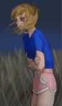 1girl ashbie_the_aspie_girl blonde_hair blue_shirt boyshort_panties crossed_arms crying crying_with_eyes_open floating_hair from_side highres mossacannibalis original outdoors panties pink_panties ponytail runny_makeup shirt solo tears underwear wheat_field 
