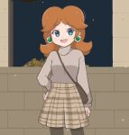  1girl alternate_costume artist_name bag blue_eyes border brick_wall brown_hair chocomiru coat cowboy_shot crown crown_removed earrings handbag hat jewelry long_hair looking_at_viewer mario_(series) non-web_source plaid plaid_skirt princess_daisy skirt solo source_request sweater turtleneck turtleneck_sweater upper_body 