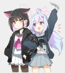  2girls animal_ears aqua_hair arm_up bangs black_hair black_jacket black_neckerchief black_pantyhose blue_archive grey_background grey_skirt hair_ornament hairclip halo holding jacket kazusa_(blue_archive) kuma_jet long_hair long_sleeves multicolored_hair multiple_girls neckerchief open_mouth pantyhose pink_hair pink_neckerchief pleated_skirt puckered_lips purple_eyes red_eyes reisa_(blue_archive) sailor_collar school_uniform short_hair simple_background skirt twintails white_skirt 