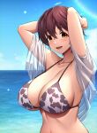  1girl animal_print arms_behind_head beach bikini blush breasts brown_eyes brown_hair cleavage cow_print highres idolmaster idolmaster_cinderella_girls large_breasts midriff navel oikawa_shizuku open_mouth see-through shawl short_hair smile solo swimsuit umasan upper_body 