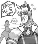  2boys absurdres animal_ears armband bow bowtie cocomayo29_(tomato) commentary fusion genderswap genderswap_(ftm) grey_theme grin headgear highres horse_boy horse_ears korean_commentary korean_text long_hair manhwa metal_slug multiple_boys muscular pillbox_hat short_hair sketch smile speech_bubble sunglasses tarma_roving trainer_(umamusume) translated umamusume 