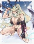  1girl aqua_eyes armlet breasts chain fairy_knight_gawain_(fate) fairy_knight_gawain_(ice_warrior)_(fate) fate/grand_order fate_(series) hair_ornament heterochromia highres holding holding_weapon large_breasts long_hair looking_back nail navel pink_eyes solo squatting swimsuit ushinoyavi very_long_hair weapon 