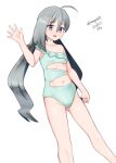  1girl absurdres ahoge clothing_cutout dated flat_chest frilled_swimsuit frills green_swimsuit grey_eyes grey_hair hair_between_eyes highres kantai_collection kiyoshimo_(kancolle) long_hair looking_at_viewer low_twintails maru_(marg0613) navel_cutout one-hour_drawing_challenge simple_background smile solo swimsuit twintails twitter_username very_long_hair waving white_background 