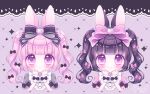  2girls :o animal_ears bangs black_bow black_hair blunt_bangs blush bow closed_mouth commentary english_commentary grey_shirt hair_bow heart heart-shaped_pupils heart_background himetsuki_luna looking_at_viewer multiple_girls original parted_lips pink_bow pink_hair pink_shirt puffy_short_sleeves puffy_sleeves purple_eyes rabbit_ears shirt short_sleeves signature smile sparkle symbol-shaped_pupils twintails twitter_username upper_body wrist_cuffs 