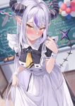  1girl absurdres apron blush braid breasts chalkboard flying_sweatdrops frills green_tea_(greente42869067) highres hololive horns la+_darknesss long_hair maid_apron multicolored_hair pointy_ears purple_hair solo two-tone_hair very_long_hair virtual_youtuber white_hair yellow_eyes 