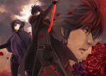  3boys back-to-back battle black_hair borrowed_character fantasy flower holding holding_sword holding_weapon juju_(mayamaya) lips lucas_(pixiv_fantasia) male_focus multiple_boys pixiv_fantasia pixiv_fantasia_5 purple_hair red_eyes red_flower red_rose rose short_hair sword trigard_empire weapon yue_liang_(pixiv_fantasia) 