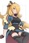  1girl blonde_hair breasts cynthia_(pokemon) gonzarez grey_eyes hair_over_one_eye highres large_breasts long_hair official_alternate_costume pokemon pokemon_(game) pokemon_dppt pokemon_masters_ex simple_background very_long_hair wavy_hair white_background 
