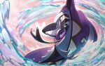  blurry claws commentary_request green_eyes long_hair naoki_eguchi no_humans outdoors pokemon pokemon_(creature) solo tapu_fini water water_drop 